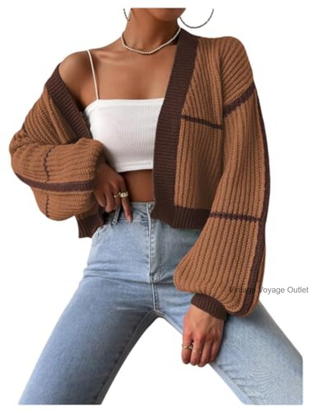 Cozy Acrylic Color Block Cardigan Crop Bishop Long Sleeve Open Front Sweater